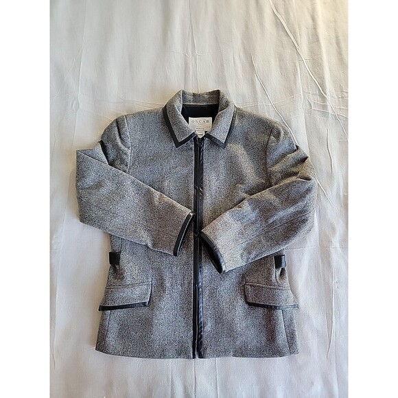 Oscar de la Renta Blazer Womans 10 P Wool Full Zip Gray Office Leather Trim USA - Picture 1 of 13